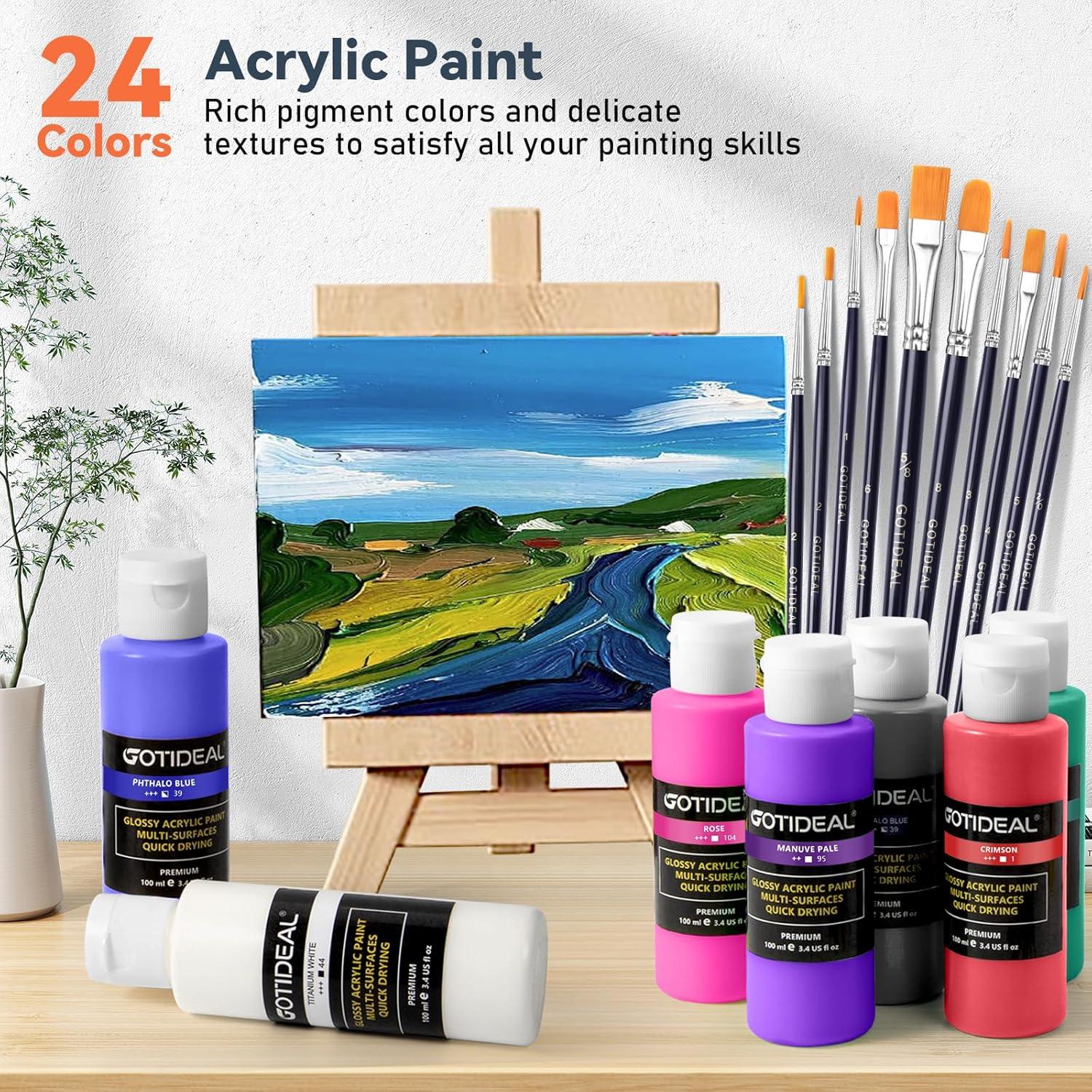 imageGOTIDEAL Acrylic Paint Set with Paint Brushes 24 Colors100ml 34 oz Outdoor Paint for Adults and Kids Perfect for Artist Beginner Ideal for Wood Canvas Rocks Craft Painting Supplies