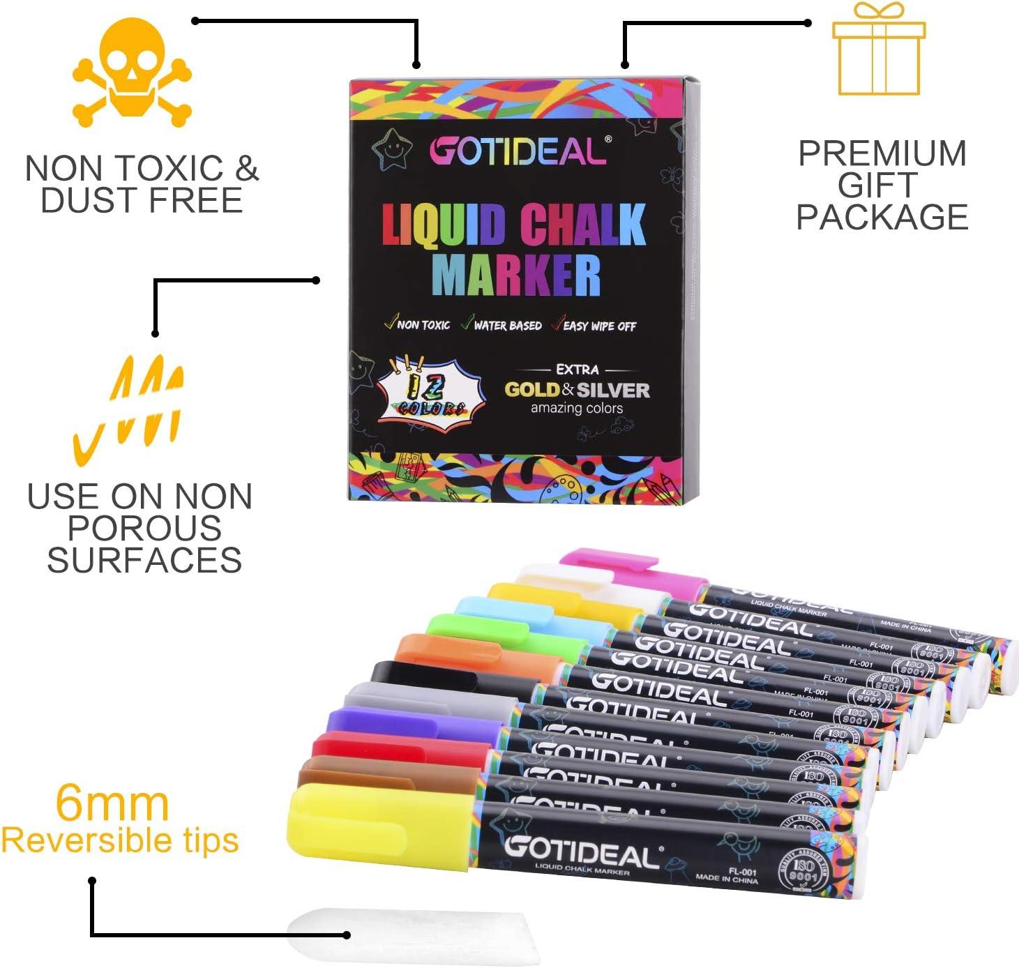 imageGOTIDEAL Chalk Markers 12 Colors Liquid Chalk Markers for Blackboard Chalkboard Calendar Glass Neon Pens Washable Window markers Paint and Drawing for Car Auto BistroMirror Wet Erase Chisel Tip