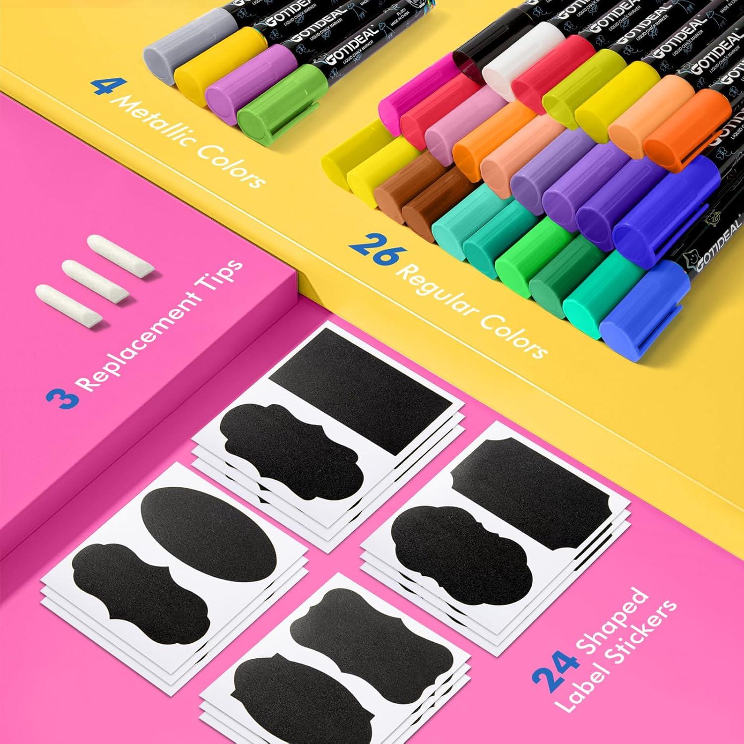 imageGOTIDEAL Chalk Markers 30 Colors Liquid Chalk Markers for Blackboard Chalkboard Calendar Glass Neon Pens Washable Window markers Paint and Drawing for Car Auto BistroMirror Wet Erase Chisel Tip30 Colors