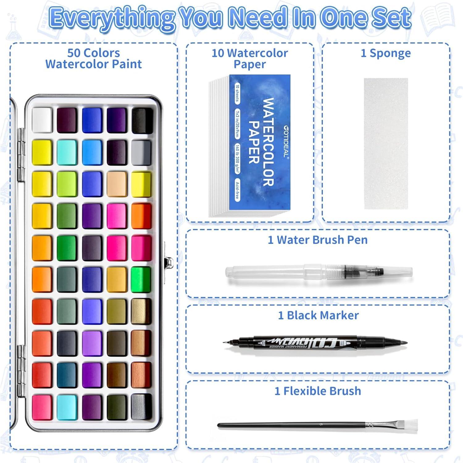 imageGOTIDEAL Watercolor Paint Set 50 Vivid Colors with Portable Carrying Case Perfect Travel Water Colors Paint Adult Set for ArtistsBeginnersProfessionals