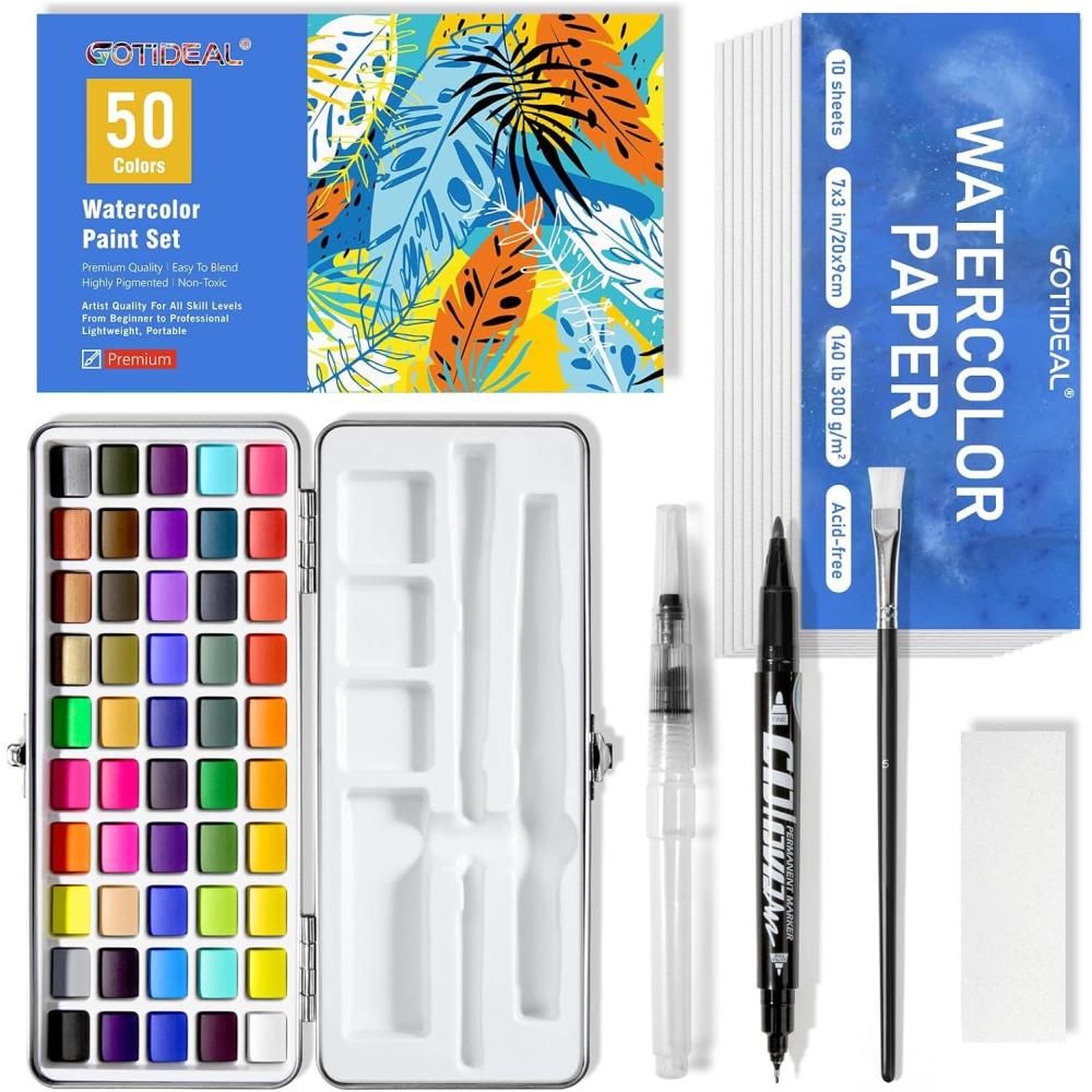 imageGOTIDEAL Watercolor Paint Set 50 Vivid Colors with Portable Carrying Case Perfect Travel Water Colors Paint Adult Set for ArtistsBeginnersProfessionals