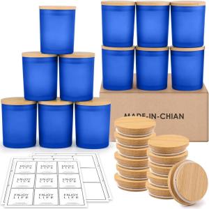imageGOTIDEAL 12 Pack 9 OZ Frosted Blue Candle Jars With Bamboo Lids for Making Supplies Bulk Empty Containers Tins Small Glass Jars for Soy WaxFrosted Blue
