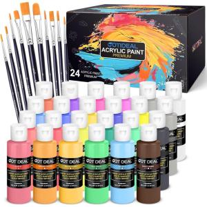 imageGOTIDEAL Acrylic Paint Set with Paint Brushes 24 Colors100ml 34 oz Outdoor Paint for Adults and Kids Perfect for Artist Beginner Ideal for Wood Canvas Rocks Craft Painting Supplies