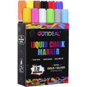imageGOTIDEAL Chalk Markers 12 Colors Liquid Chalk Markers for Blackboard Chalkboard Calendar Glass Neon Pens Washable Window markers Paint and Drawing for Car Auto BistroMirror Wet Erase Chisel Tip