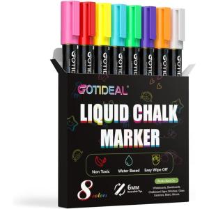 imageGOTIDEAL White Chalk Markers Bold Tip Washable Chalkboard Markers Car Window Markersfor Blackboard Glass ampamp Bistro NonToxic Erasable Paint Chalk Pens Reversible Tip6mm6mm8 Colors