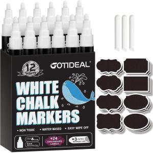 imageGOTIDEAL White Liquid Chalk Markers 12 Pack Chalkboard Markers Chalk Pens for Car Windows Signs Blackboard Glass Painting Erasable 6mm Reversible Chisel ampamp Bullet Tip
