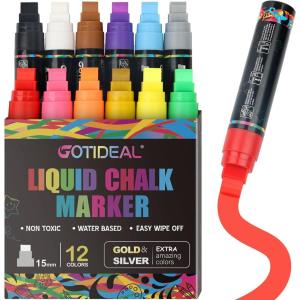 imageGOTIDEAL Window Markers Jumbo Chalk Markers for Blackboard ErasableWashable Car markers for Chalkboard AutoGlassMirrowCalendarThick Tip12 Colors Car Paint Pens With Metallic Colors15mm