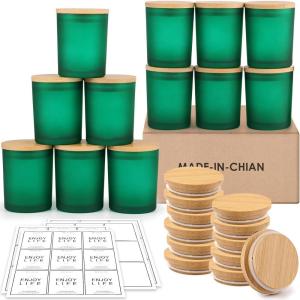 imageGOTIDEAL 12 Pack 6oz220ml Frosted Green Candle Jars with Bamboo Lids for Making Candles Supplies Bulk Empty Candle Containers Tins Small Glass Jars for Candle Soy Wax