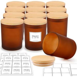 imageGOTIDEAL 12 Pack 9 OZ Frosted Amber Candle Jars with Bamboo Lids for Making Supplies Bulk Empty Containers Tins Small Glass Jars for Soy Wax