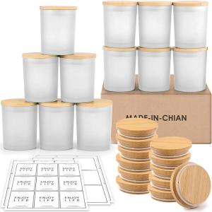 imageGOTIDEAL 12 Pack 9 OZ Frosted White Candle Jars with Bamboo Lids for Making Candles Supplies Bulk Empty Candle Containers Tins Small Glass Jars for Candle Soy Wax