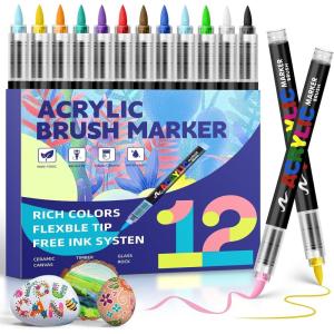 imageGOTIDEAL Acrylic Paint Markers Brush TipWaterproof Paint Pens acrylic MarkersNo Bleed Acrylic Brush markers for FabricWoodRocksCanvas PaintingGlassCeramicArt Craft Supplies24 Colors12 Colors