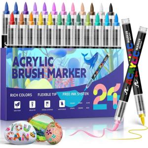imageGOTIDEAL Acrylic Paint Markers Brush TipWaterproof Paint Pens acrylic MarkersNo Bleed Acrylic Brush markers for FabricWoodRocksCanvas PaintingGlassCeramicArt Craft Supplies24 Colors24 Colors