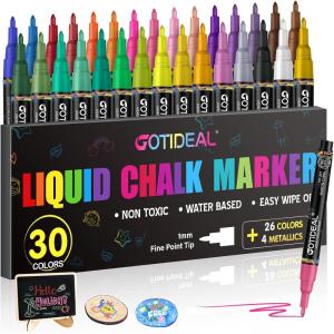 imageGOTIDEAL Chalk MarkersFine Tip Liquid Chalk Markers for Blackboard Chalkboard Calendar Glass Neon Pens Washable Window markers Paint and Drawing for Car Auto BistroMirror Wet Erase 30 Colors