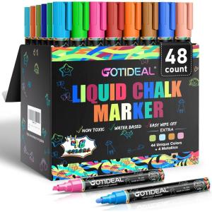 imageGOTIDEAL Liquid Chalk Markers ErasableWindow Chalk Markers for blackboard WashableNontoxic Chalk Pens for CalendarChalkboardGlassCars with Reversible Tips48 Colors6mm