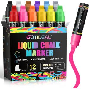 imageGOTIDEAL Window Markers Jumbo Chalk Markers for Blackboard Washable Car Marker for ChalkboardGlass Mirrow10mm Thick Tip12 Colors With Metallic ColorsClassic