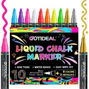 image:imageGOTIDEAL Chalk Markers10 Colors Liquid Chalk Markers for BlackboardErasable Chalk Board PensWindow markers for Glass WashableCarGlassCalendarSignMenu Diy Painting6 mm BoldampChisel Tip